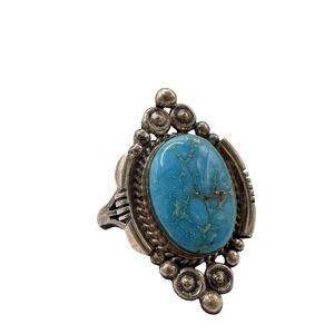 Running Bear Native American Turquoise Silver Ring Hallmark Oval Boho Size 10